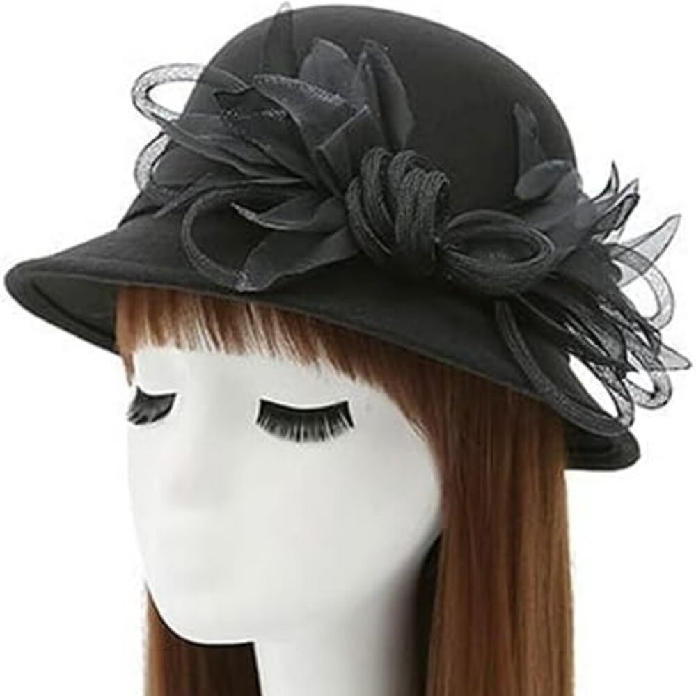 Women Bucket Style Hat Church Cloche Flapper Hat Fashion Statement Black‎